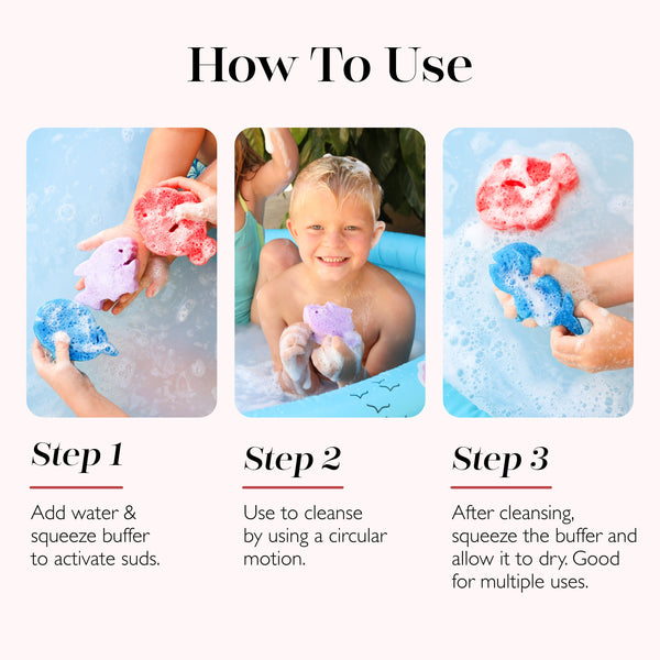 Assorted sea animal body wash infused buffers in vibrant colors, perfect for gentle cleansing and fun bath time.
