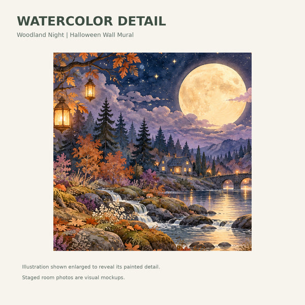 Watercolor Woodland Night Halloween Wall Mural, image 4
