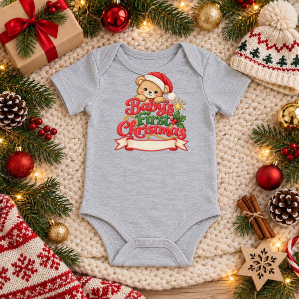 Personalize the Baby's First Christmas baby bodysuit in heather grey with your baby's name