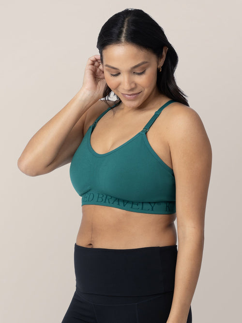 Sublime® teal hands-free pumping & nursing sports bra, angle 3 view, perfect for breastfeeding moms.