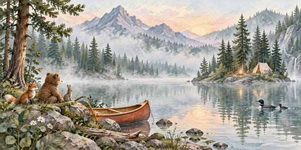 Watercolor Canoe Lake Camping Wall Mural, image 3