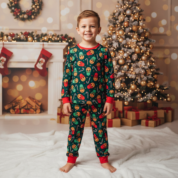 Smiley candy cane PJ set for babies, perfect for festive playtime and cozy sleep.