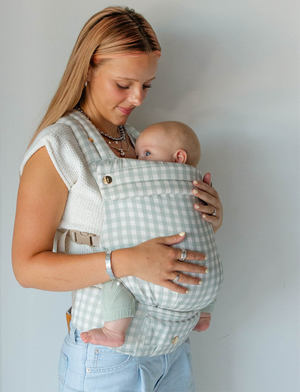 Monroe x Coco Gingham Cotton Baby Carrier for infants 7-35 lbs, shown from angle 3, stylish and comfortable design.