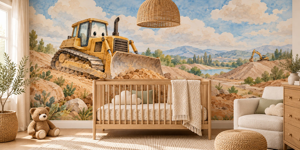 Watercolor Bulldozer Hills Wall Mural, image 1