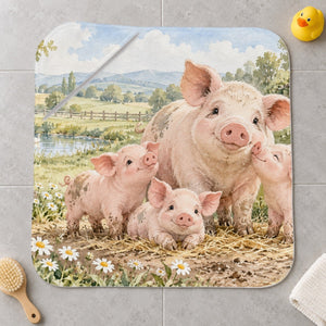 Piglet Family Farm kids hooded bath towel laid flat