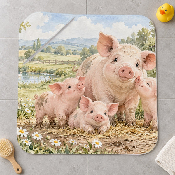 Piglet Family Farm kids hooded bath towel laid flat