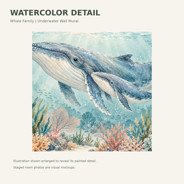 Watercolor Whale Family Ocean Wall Mural, image 4
