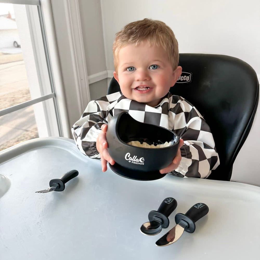 BLACKOUT Collection Silicone & Stainless Steel Toddler Utensil Set for easy and safe feeding. Perfect for little hands.