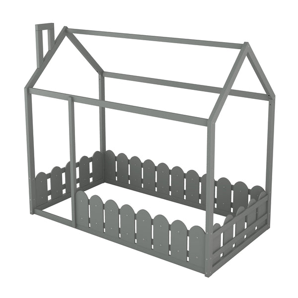 {Slats are not included}Twin Size Wood Bed House Bed Frame with Fence for Kids Teens Girls Boys {Gray}