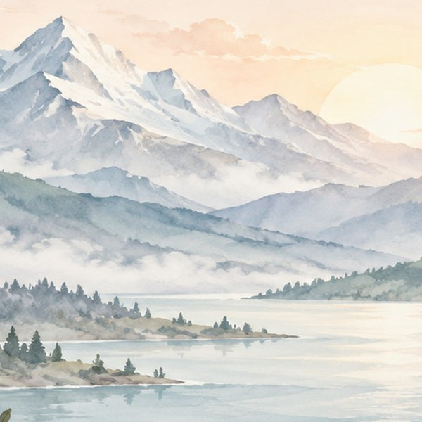 Sunrise Lake Rainbow shower curtain, close up of the watercolor artwork
