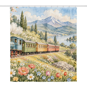 Flower Meadow Train shower curtain, full front view of the 71 x 74 in fabric curtain