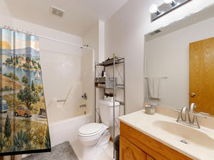 Vehicle Parade shower curtain on a tub shower combo in an American family bathroom