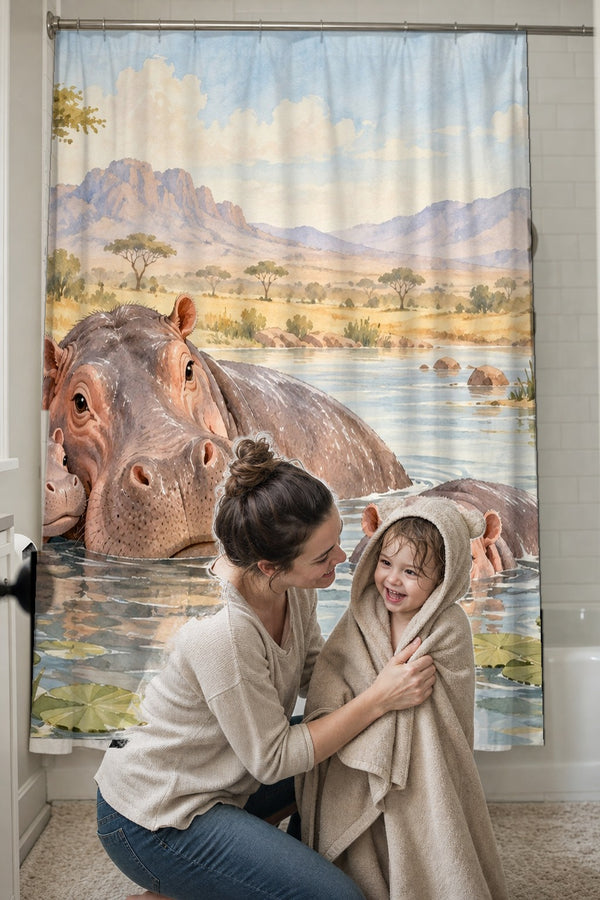 Mom drying her toddler in a hooded towel in front of the Hippo Family Safari shower curtain