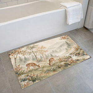 Grazing Fawns bath mat on the floor in front of the tub