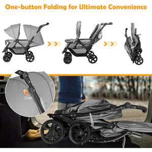 Foldable lightweight double baby stroller with front and back seats, angled view showcasing its compact design.