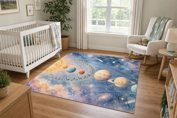 Pastel Planets area rug in a calm nursery with a white crib