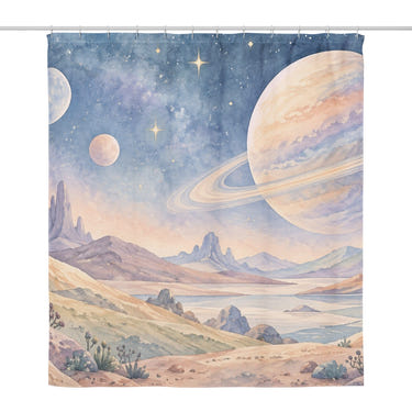 Alien Planet shower curtain, full front view of the 71 x 74 in fabric curtain