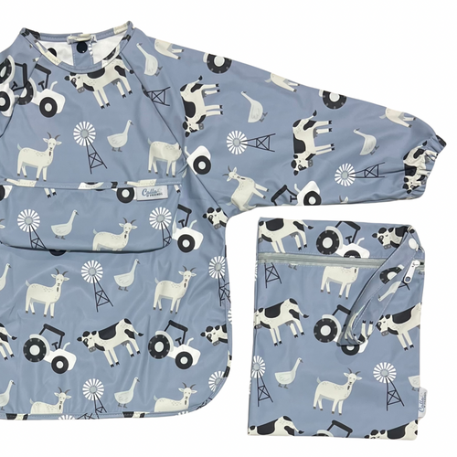 Grayson Long Sleeve Bib in Farm design, perfect for keeping babies clean during mealtime. Angle 8 view.