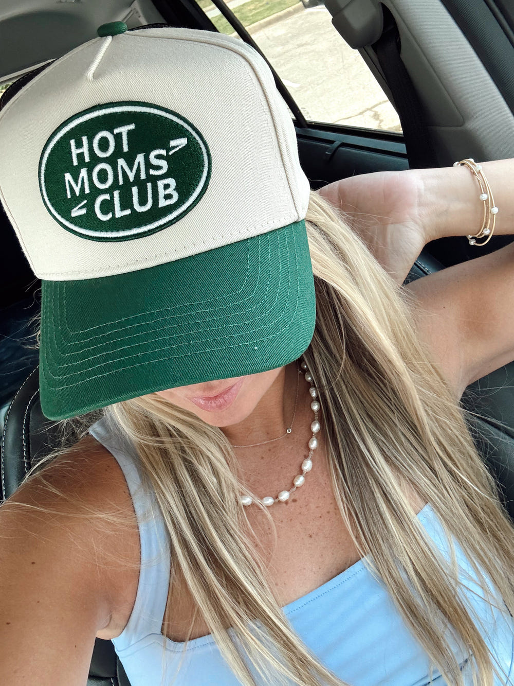 Hot Moms Club Green Vintage Trucker Hat - stylish and trendy accessory for fashionable moms.