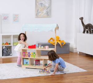 Holly Wooden Market Stand for kids - indoor pretend play shop and display shelf, angle view 7.