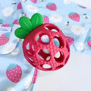 Strawberry Patch Teether for babies - safe, soft, and soothing for teething relief.