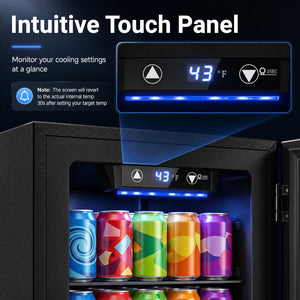 Compact 0.6 Cu.Ft beverage refrigerator for 24 cans, perfect countertop storage solution for baby essentials.