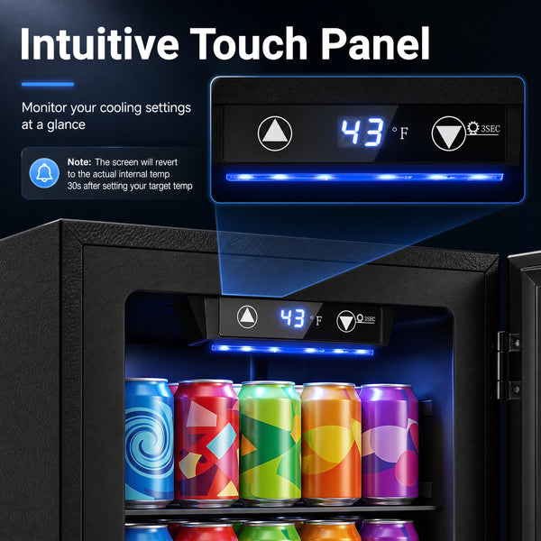 Compact 0.6 Cu.Ft beverage refrigerator for 24 cans, perfect countertop storage solution for baby essentials.