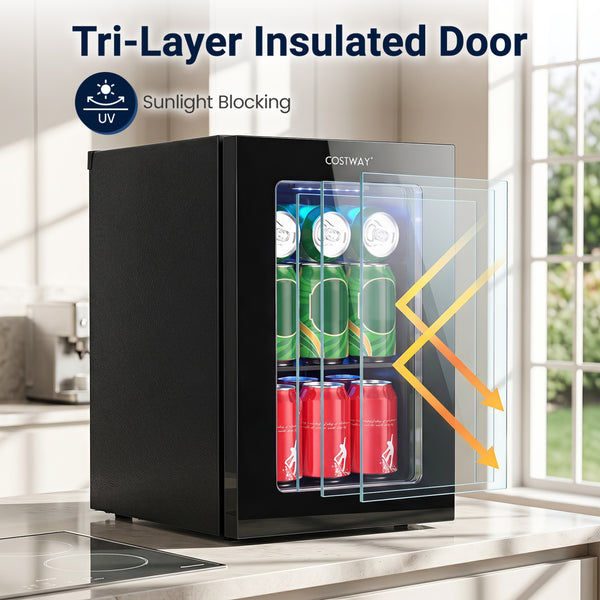 Compact 0.6 Cu.Ft beverage refrigerator for 24 cans, perfect countertop storage solution for any space.