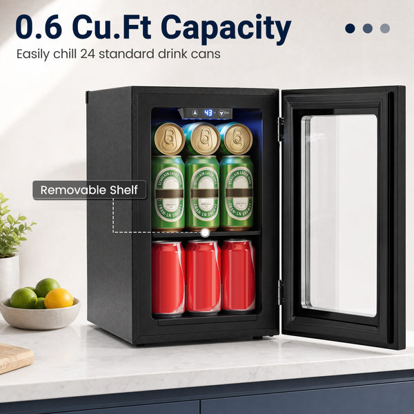 Compact 0.6 Cu.Ft beverage refrigerator for 24 cans, perfect countertop storage solution for any space.