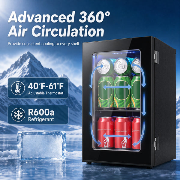 Compact 0.6 Cu.Ft beverage refrigerator for 24 cans, perfect countertop mini fridge for efficient storage solutions.