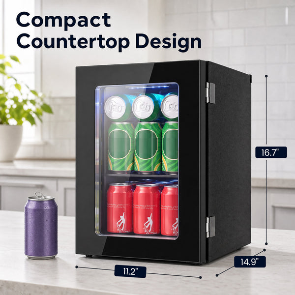 Compact 0.6 Cu.Ft beverage refrigerator for 24 cans, perfect countertop storage solution for baby essentials.