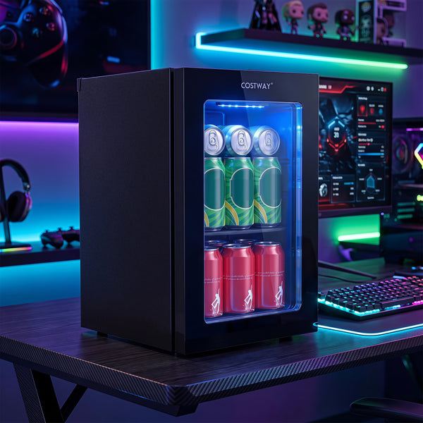 Compact 0.6 Cu.Ft beverage refrigerator holding 24 cans, perfect for countertops and storage solutions.