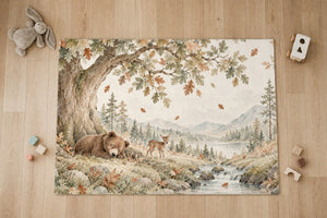 Top view of the Sleeping Bear Oak kids area rug on a wood floor