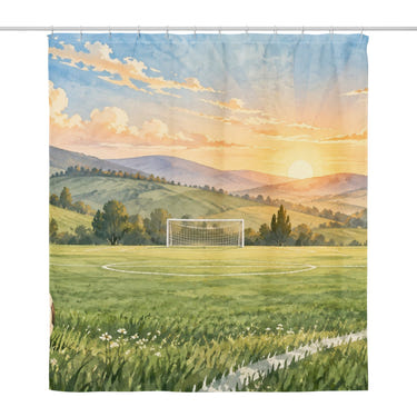 Sunrise Pitch Soccer shower curtain, full front view of the 71 x 74 in fabric curtain