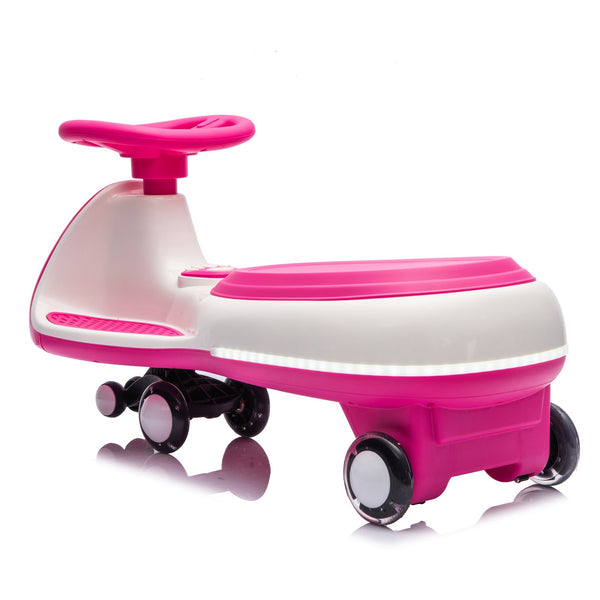 12V Electric Wiggle Ride On Car with dual motors and LED lights, angled view showcasing its fun design and features.