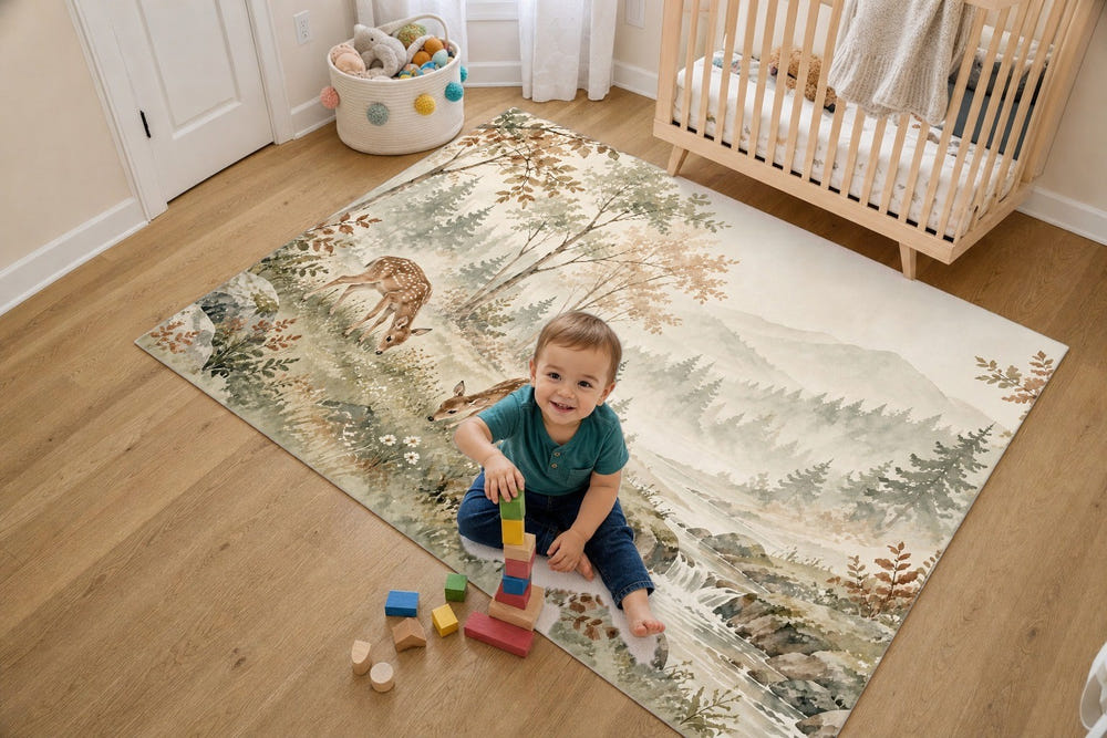 Grazing Fawns kids rug, full view of the printed design