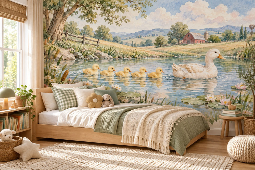 Watercolor Ducklings Pond Farm Wall Mural, image 1