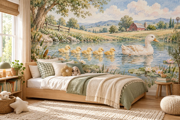 Watercolor Ducklings Pond Farm Wall Mural, image 2