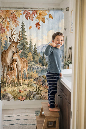 Child brushing teeth in a family bathroom with the Deer Teepee Camping shower curtain