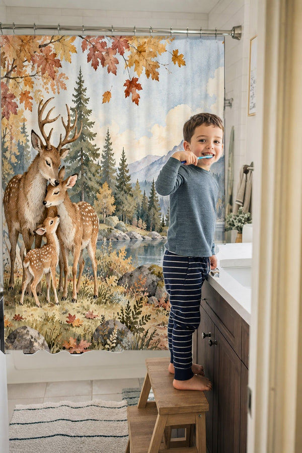 Child brushing teeth in a family bathroom with the Deer Teepee Camping shower curtain