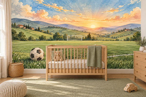 Watercolor Sunrise Pitch Soccer Wall Mural, image 1