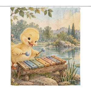 Duckling Xylophone shower curtain, full front view of the 71 x 74 in fabric curtain