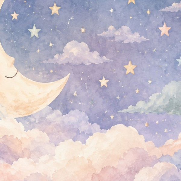 Sleepy Moon kids bath mat, close up of the watercolor artwork