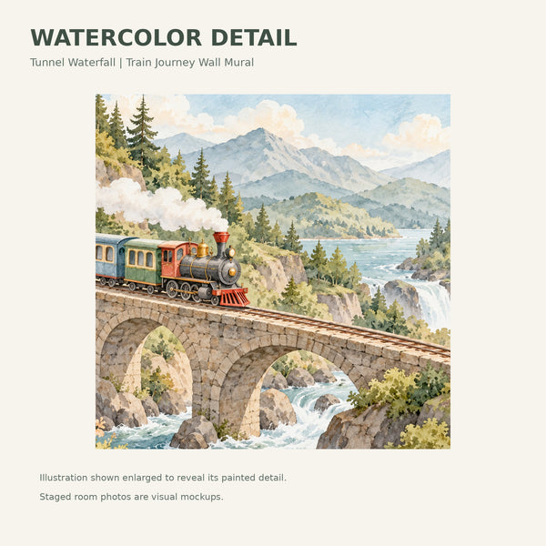 Watercolor Tunnel Waterfall Train Wall Mural, image 4
