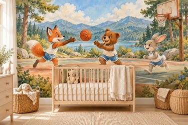 Watercolor Animal Basketball Team Wall Mural, image 1