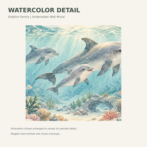 Watercolor Dolphin Family Ocean Wall Mural, image 4