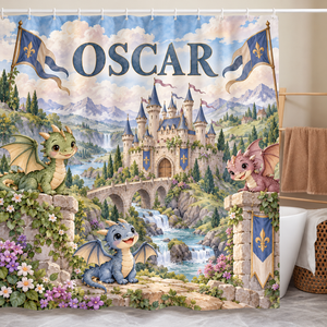 Personalized baby dragon and castle shower curtain with the name Oscar hanging in a kids bathroom