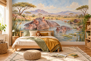 Watercolor Hippo Family Safari Wall Mural, image 2