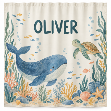 Personalized kids shower curtain with the name Oliver and a watercolor whale and sea turtle