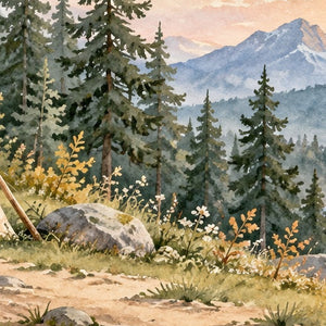 Bear Tent Sunrise Camping shower curtain, close up of the watercolor artwork